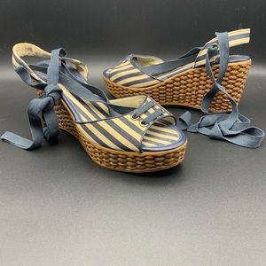 Lace up platform / wedge heels.  Blue/cream Stripe